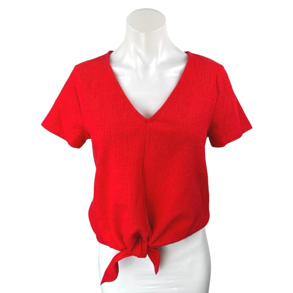 J.Crew Red Textured V-neck Bow Tie-front Short Sleeve Shirt Blouse Top Size S